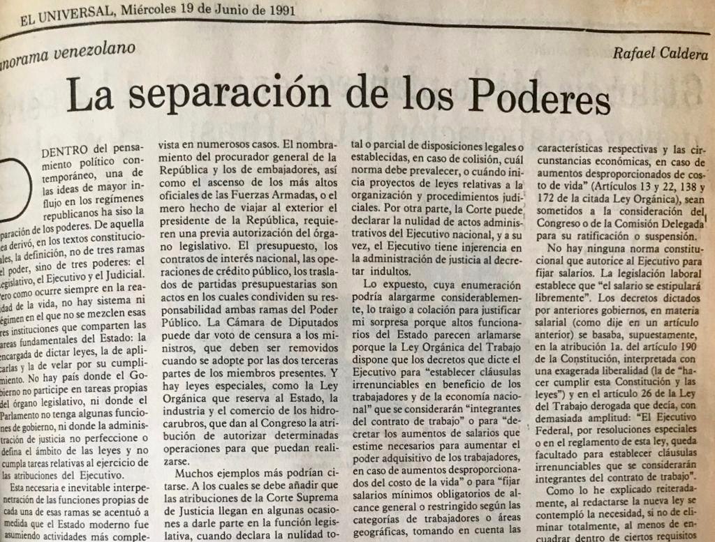 1991. Junio, 19. ALA / El Universal: La separación de los poderes