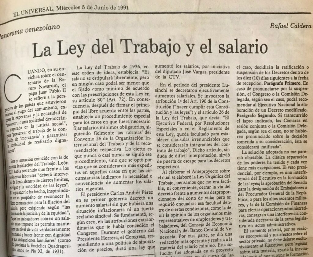 1991. Junio, 5. ALA / El Universal: La Ley del Trabajo y el salario