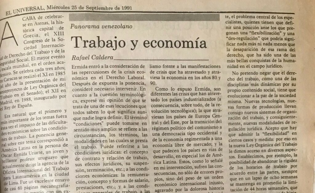 Artículo Rafael Caldera Trabajo y economía (1991)