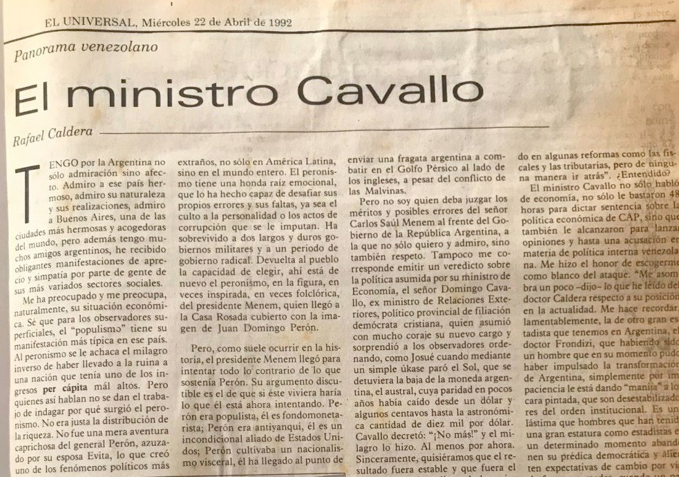 Artículo Caldera sobre Domingo Cavallo