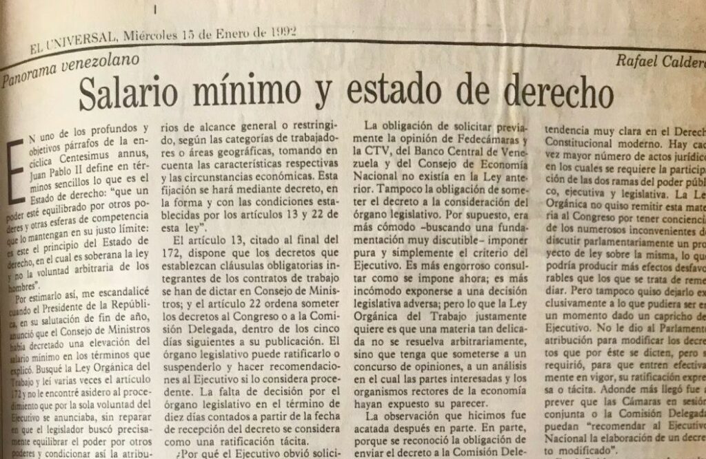 1992. Enero, 15. ALA / El Universal: Salario mínimo y Estado de derecho