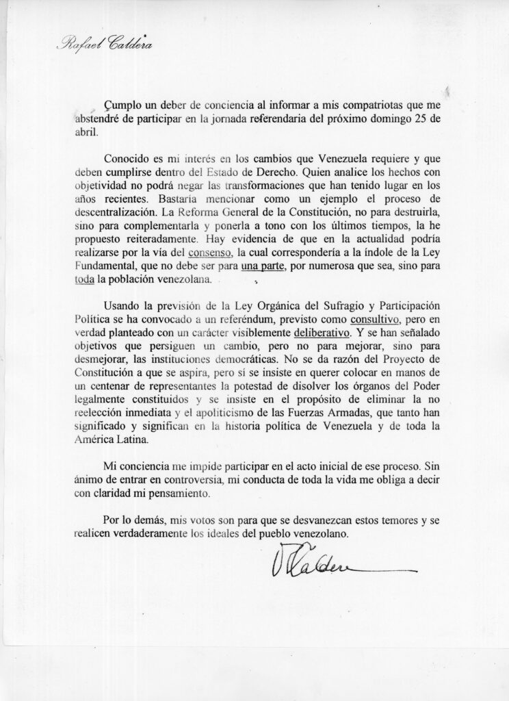 Posición Rafael Caldera Referéndum Constituyente 1999