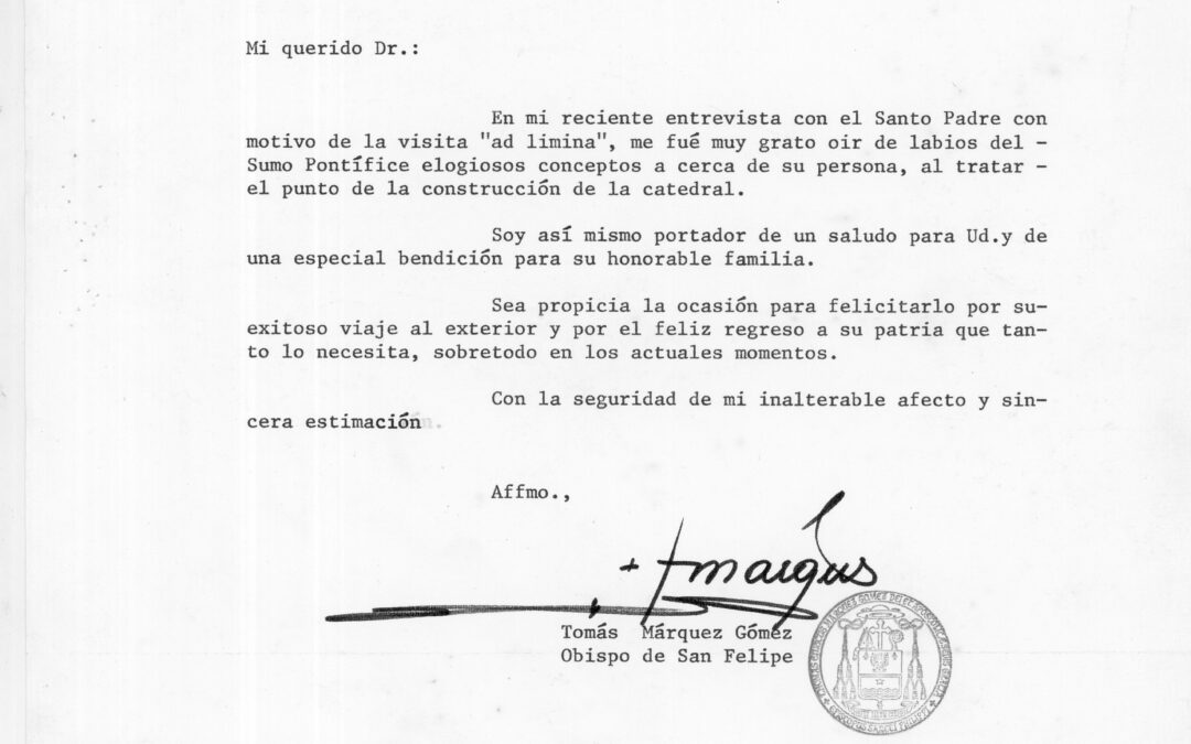 1974. Noviembre, 26. Carta del obispo de San Felipe Tomás Márquez Gómez