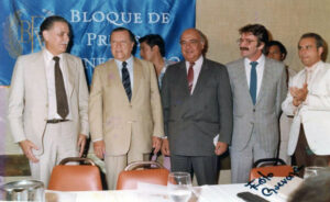 1983. Octubre, 29. Candidatos presidenciales. De izquierda a derecha: José Vicente Rangel, Rafael Caldera, Teodoro Petkoff y Jaime Lusinchi.