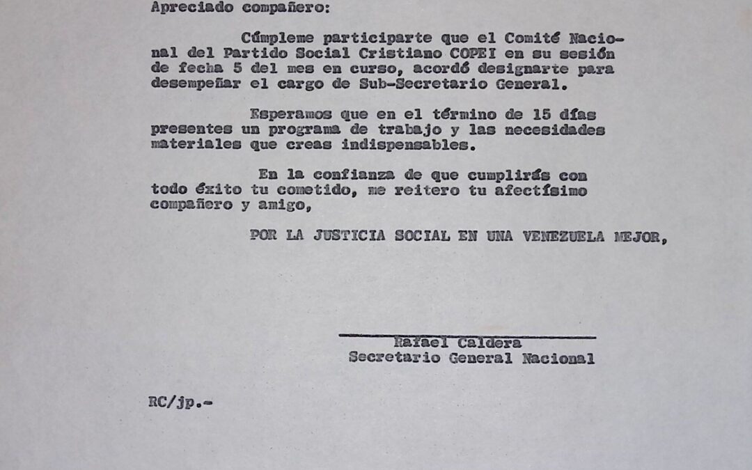 1964. Mayo, 8. Telegrama de Rafael Caldera a Enrique Acevedo Berti