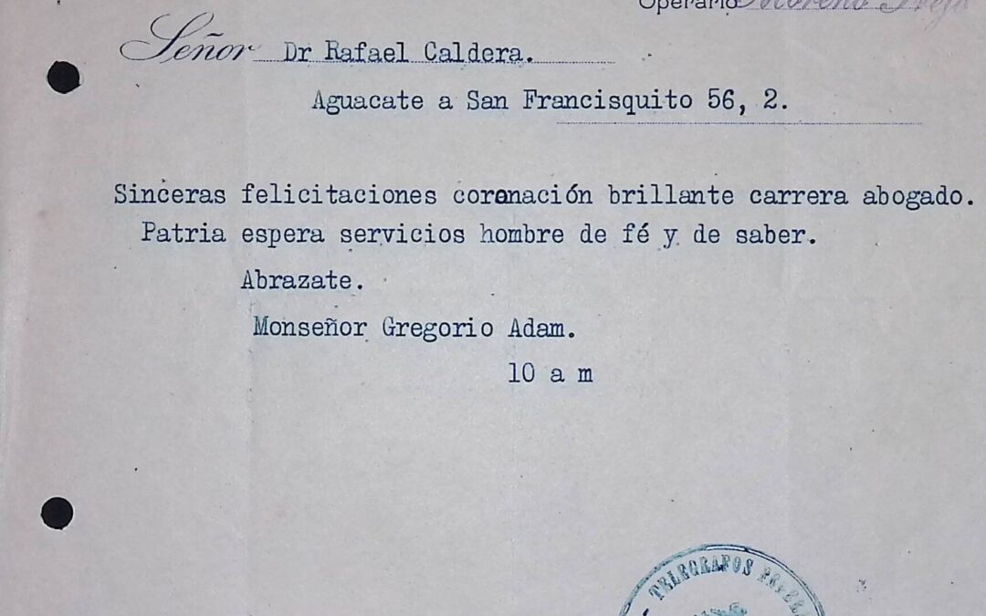 1939. Marzo, 31. Telegrama de Monseñor Gregorio Adam