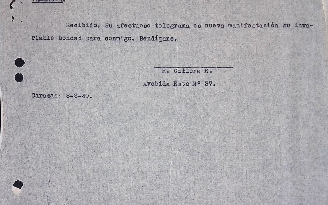 1940. Marzo, 8. Telegrama de Monseñor Gregorio Adam a Rafael Caldera