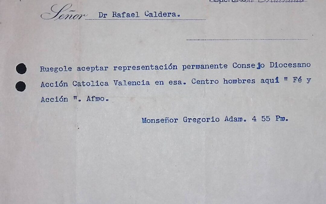 1940. Marzo, 11. Telegrama de Monseñor Gregorio Adam a Rafael Caldera