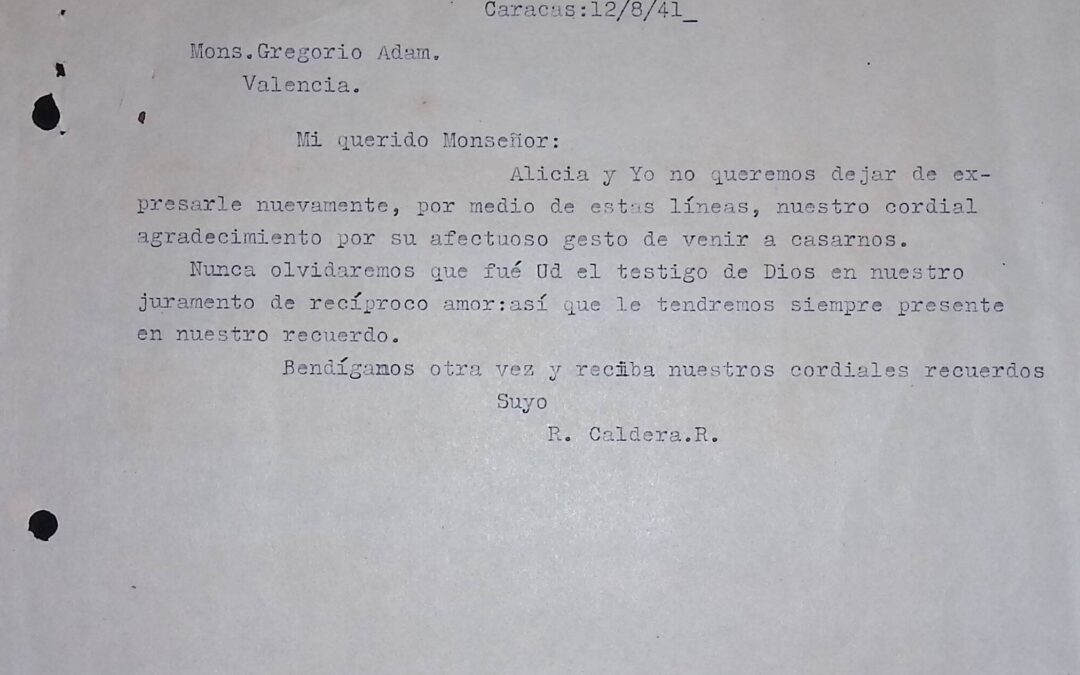 1941. Agosto, 12. Carta de Rafael Caldera a Monseñor Gregorio Adam