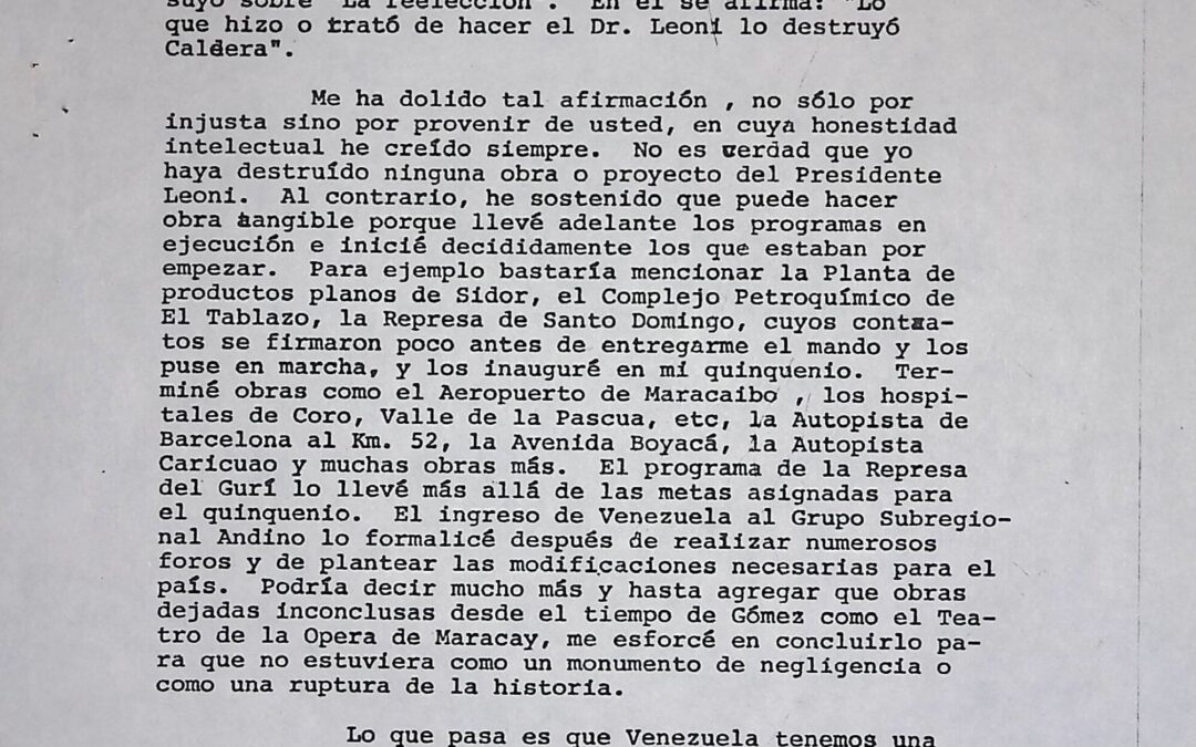 1982. Julio, 19. Carta de Rafael Caldera a Raúl Agudo Freites