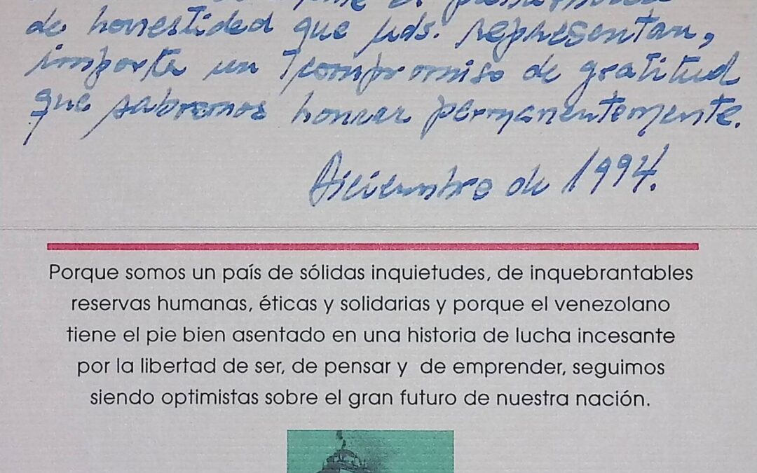 1994. Diciembre. Tarjeta de Asdrúbal Aguiar y Mariela Dorante