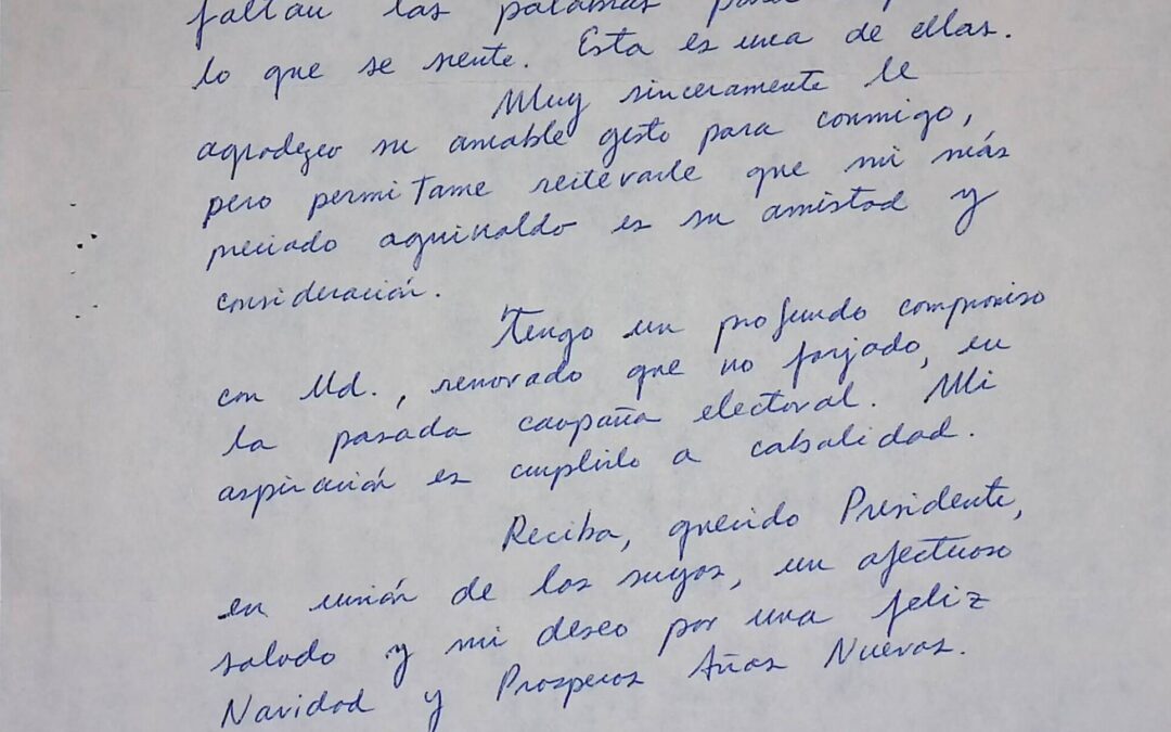 Egaña Benedetti, Fernando Luis – 1983. Diciembre, 21. Esquela de agradecimiento por regalo de RC al finalizar el trabajo de la campaña electoral y manifestación de adhesión