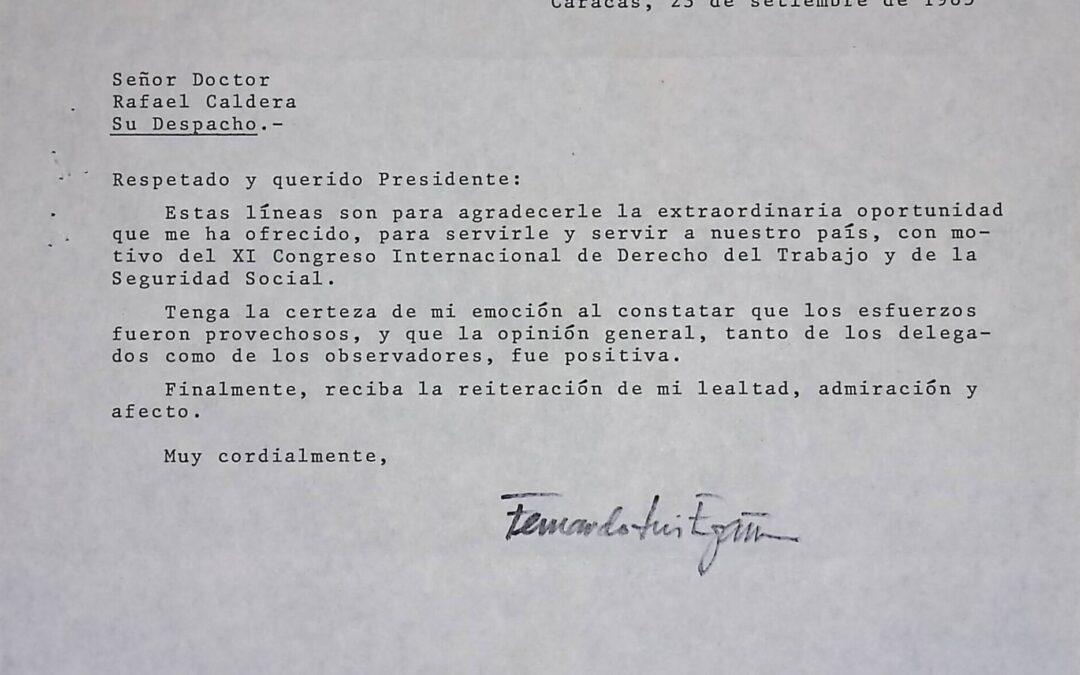 Egaña Benedetti, Fernando Luis – 1985. Septiembre, 23. Agradecimiento al finalizar sus funciones como secretario del XI Congreso Internacional de Derecho del Trabajo y de la Seguridad Social