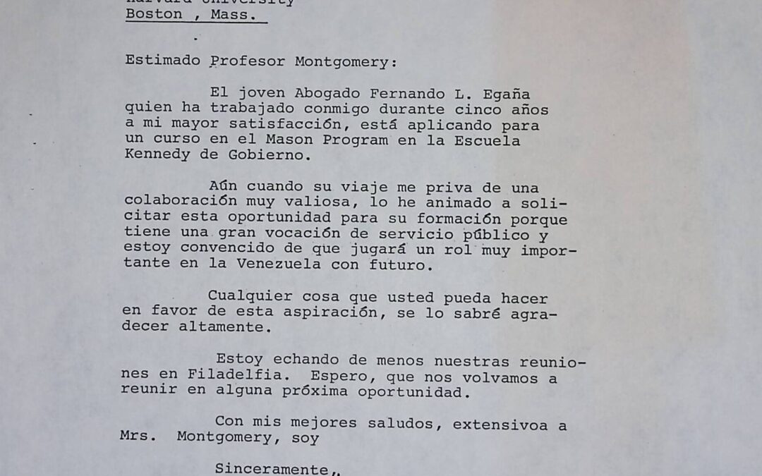 1988. Abril, 7. Carta de recomendación para ingresar al programa Mason de la Escuela Jonh F. Kennedy de gobierno