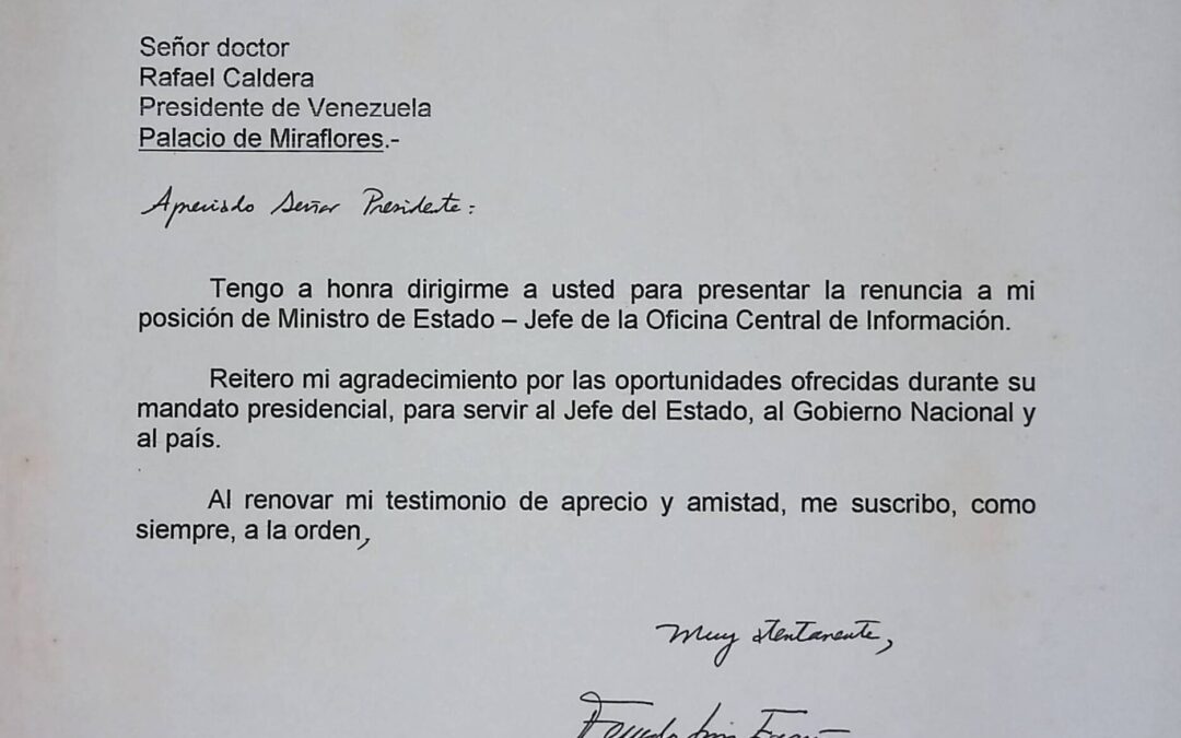 Egaña Benedetti, Fernando Luis – 1999. Febrero, 1. Renuncia al cargo de Ministro de Estado Jefe de la Oficina Central de Información