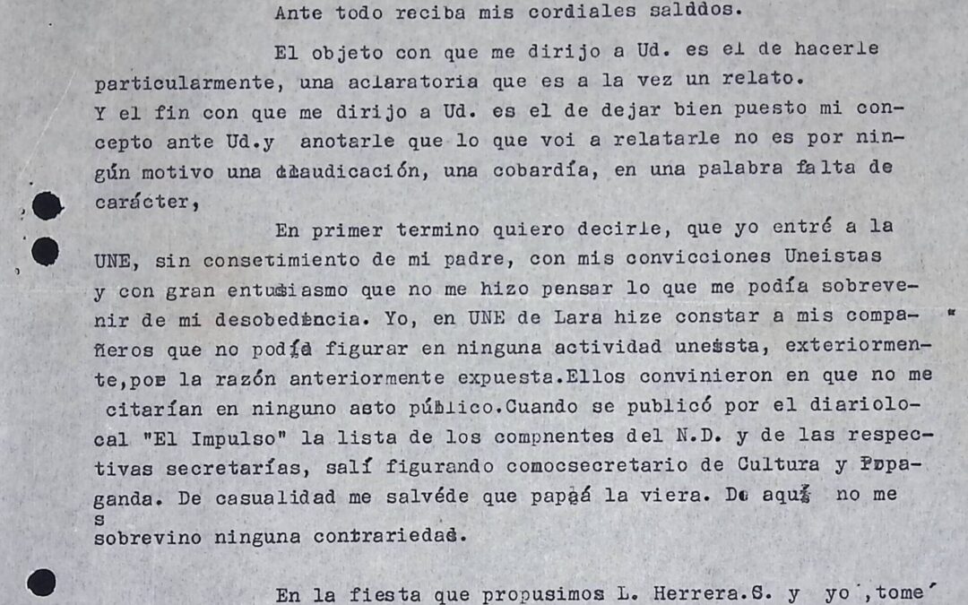 Escovar Salom, Ramón 1940. Mayo, 16. Explicación de su posición ante la Unión Nacional Estudiantil (UNE) por no haber solicitado permiso previo de su padre para participar en ella