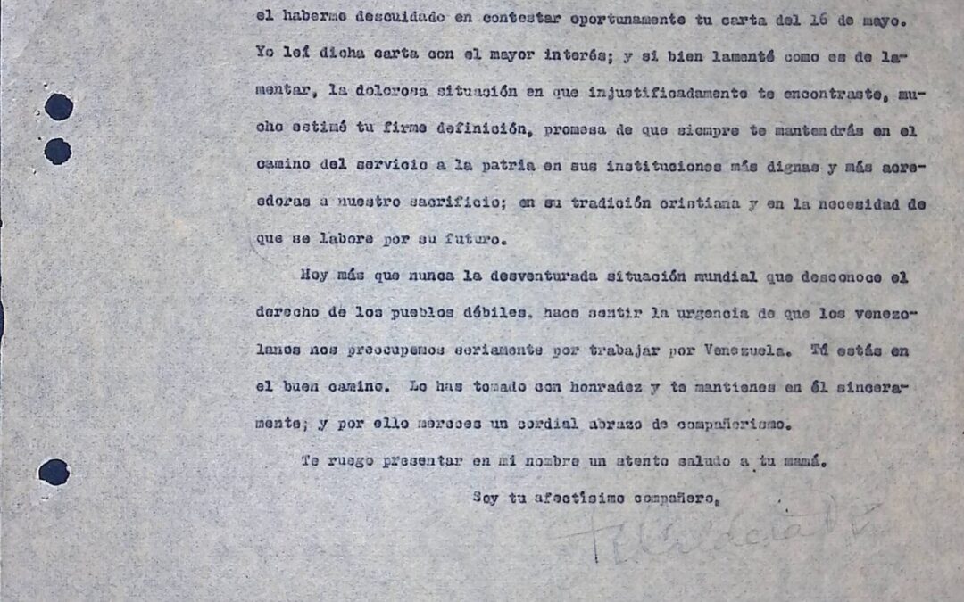 Escovar Salom, Ramón – 1940. Junio, 18. Respuesta de Rafael Caldera a la carta del 16 de mayo.