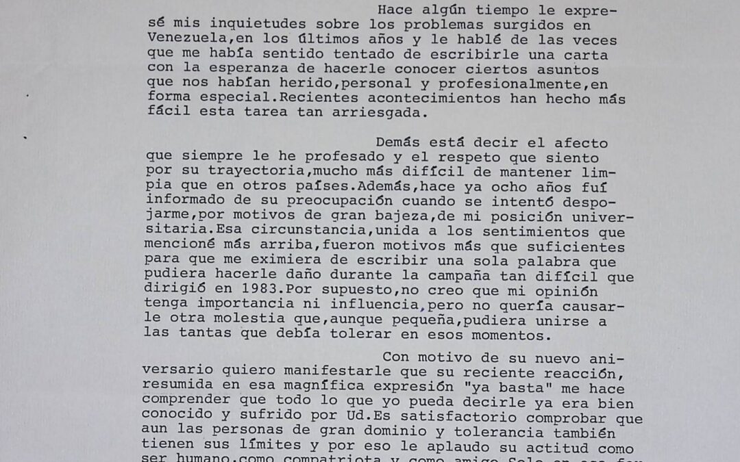 Jaén Centeno, Rubén – 1985. Enero, 24. Carta de felicitación por cumpleaños de RC en la que hace referencia a el apoyo que le dio cuando quisieron despojarlo de su cátedra universitaria y la reacción que tuvo recientemente ante la situación de su partido