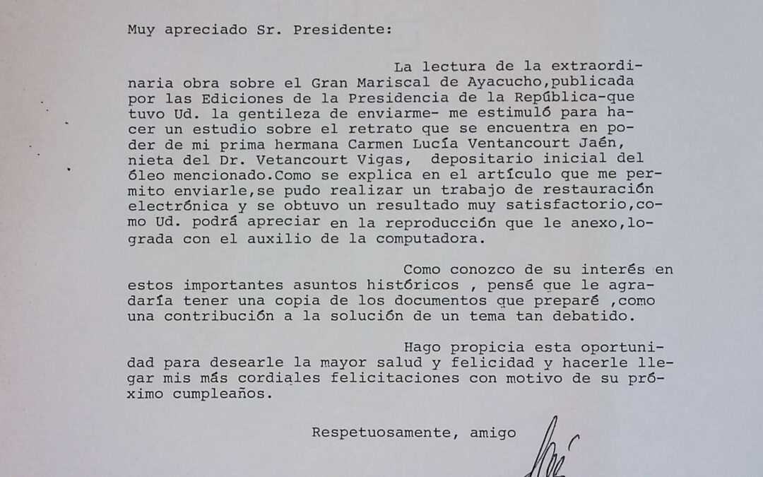 Jaén Centeno, Rubén – 1996. Enero, 22. Agradecimiento de libro publicado por la Presidencia de la República sobre Sucre y adjunto artículo suyo publicado el 19 sobre el tema