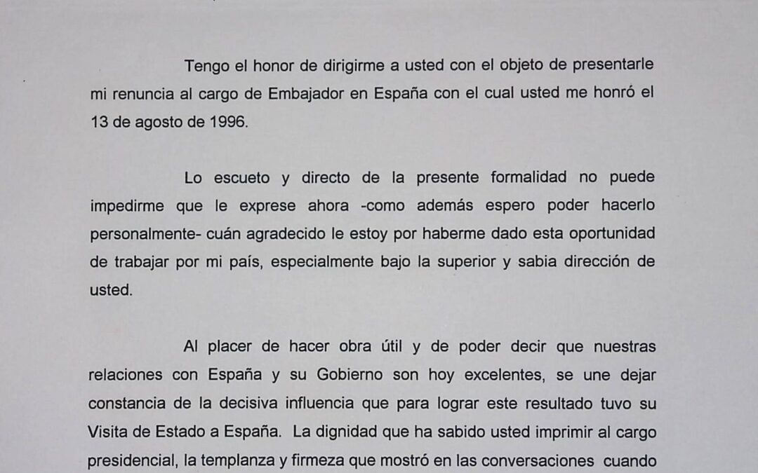 Tejera París, Enrique – 1997. Octubre, 24. Carta de renuncia al cargo de embajador ante el Reino de España por razones personales