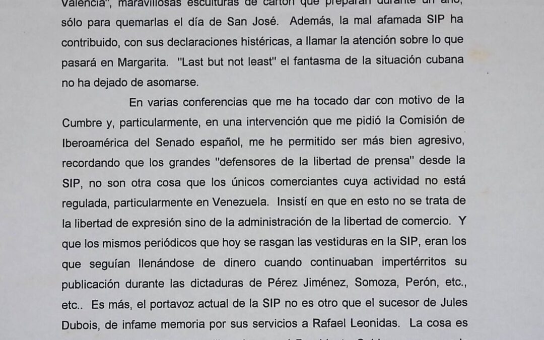 Tejera París, Enrique – 1997. Noviembre, 5. Comentarios en forma privada al presidente Caldera sobre la VII Cumbre Iberoamericana, que califica como la más importante de las que se han celebrado
