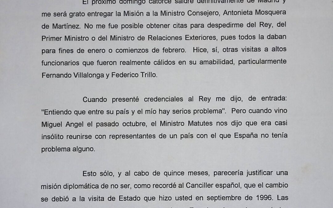 Tejera París, Enrique – 1997. Diciembre, 11.  Relación de asuntos resueltos y pendientes al dejar el cargo de embajador en España