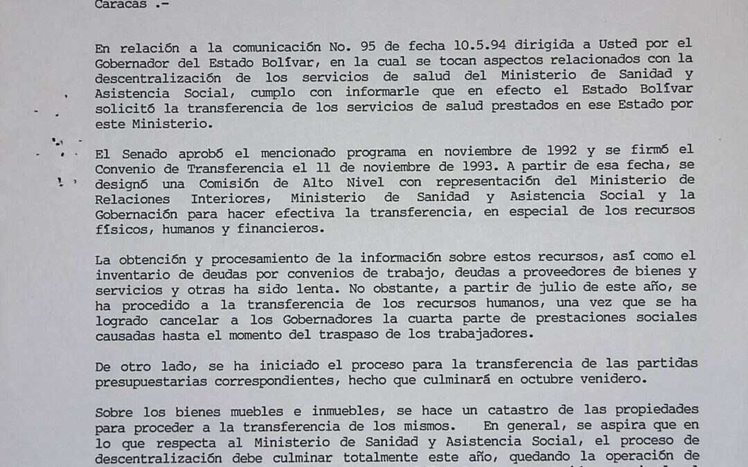 Walter Valecillos, Carlos – 1994. Agosto, 1. Explicación del Ministro de Sanidad sobre la situación del proceso de descentralización de salud en el estado Bolívar