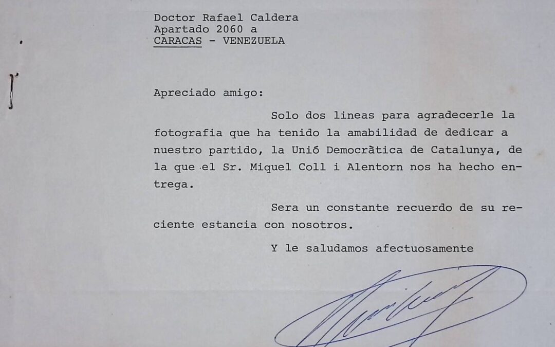 Xicoy i Bassegoda, Joaquim – 1980. Diciembre, 11. Agradecimiento por envío de foto de RC dedicada al partido Unión Democrática de Cataluña