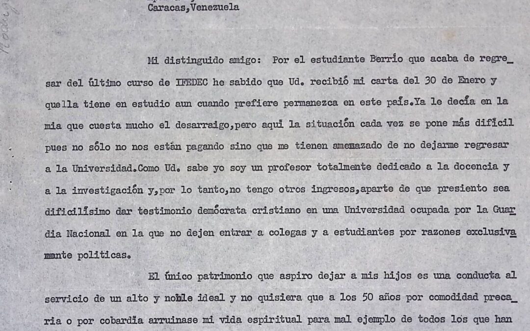Rodríguez-Arias Bustamante, Lino – 1969. Febrero, 20. Insiste en su planteamiento del 30 de enero, pues le impiden trabajar en la Universidad de Panamá, donde ejerce docencia e investigación