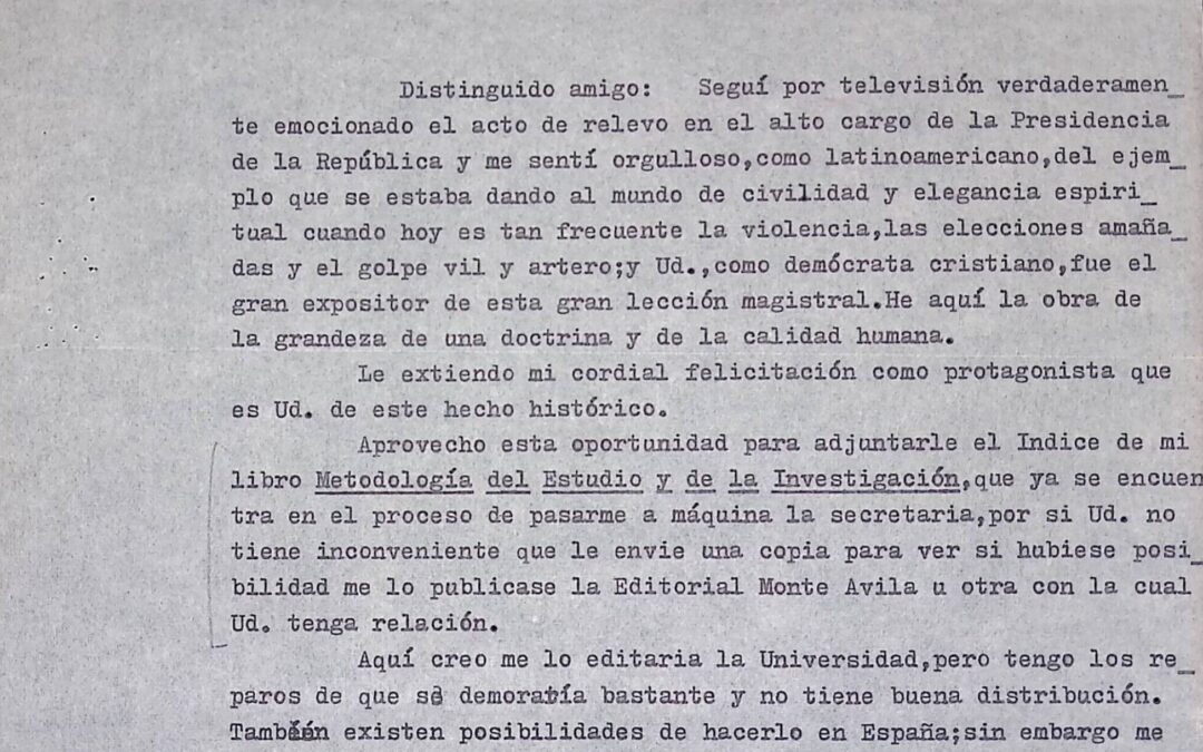 Rodríguez-Arias Bustamante, Lino – 1974. Marzo, 26. Elogia el acto de trasmisión de mando de la presidencia y envía el índice de su libro «Metodología del estudio y de la investigación»