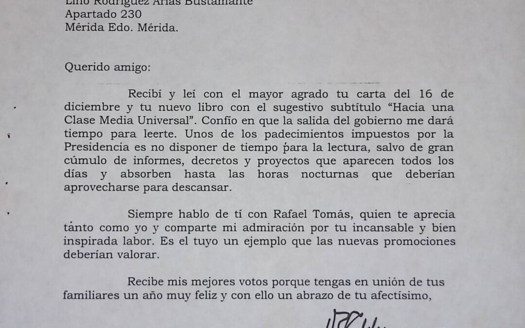 Rodríguez-Arias Bustamante, Lino – 1999. Enero, 11. RC agradece el envío del libro «Hacia una clase media universal» y transmite su reconocimiento y el de su hijo Rafael Tomás