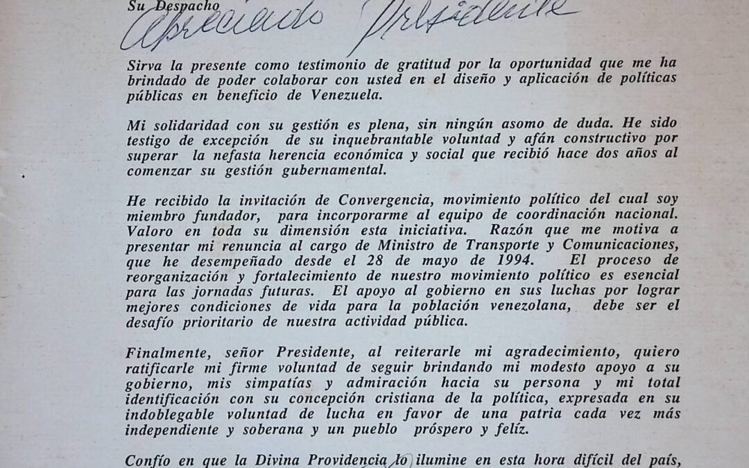 Zaa, Ciro – 1996. Marzo, 14. Carta de renuncia como Ministro de Transporte y Comunicaciones