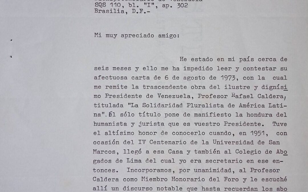 Baldó Casanova, Alfredo – 1974. Febrero, 9. Carta del embajador del Perú en Brasil, Alberto Ruiz Eldredge, al embajador de Venezuela, Alfredo Baldó Casanova, al agradecerle el envío del libro La Solidaridad Pluralista de América Latina, en la que hace una elogiosa referencia al presidente Rafael Caldera