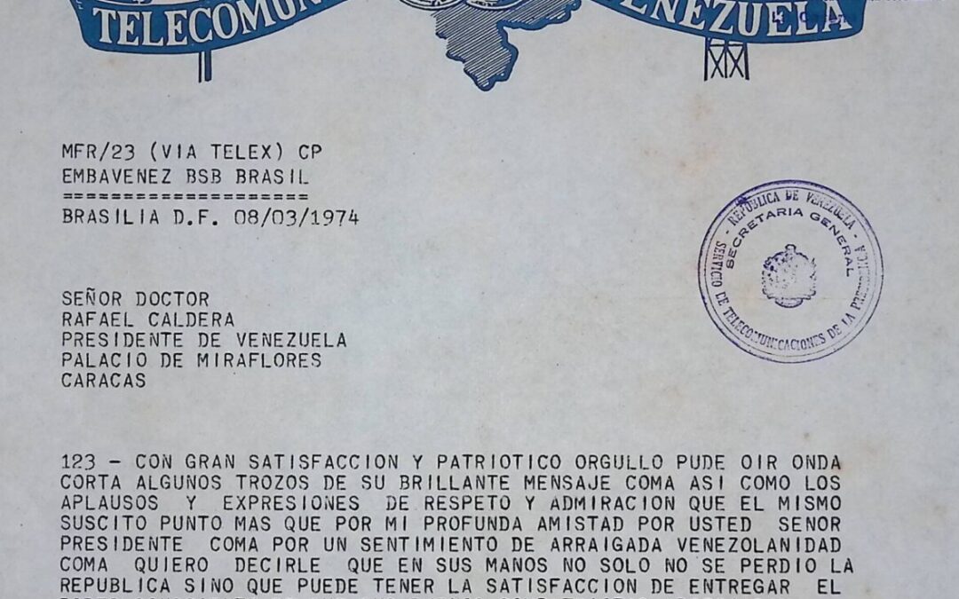 Baldó Casanova, Alfredo – 1974. Marzo, 8. Telegrama desde Brasilia con ocasión del último mensaje del presidente Caldera al Congreso Nacional