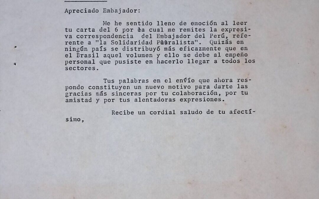 Baldó Casanova, Alfredo – 1974. Marzo, 21. Agradecimiento de RC por el envío de la carta del embajador del Perú y por los conceptos emitidos en su esquela y telegrama, con motivo del término de su gestión presidencial 1969-1974.