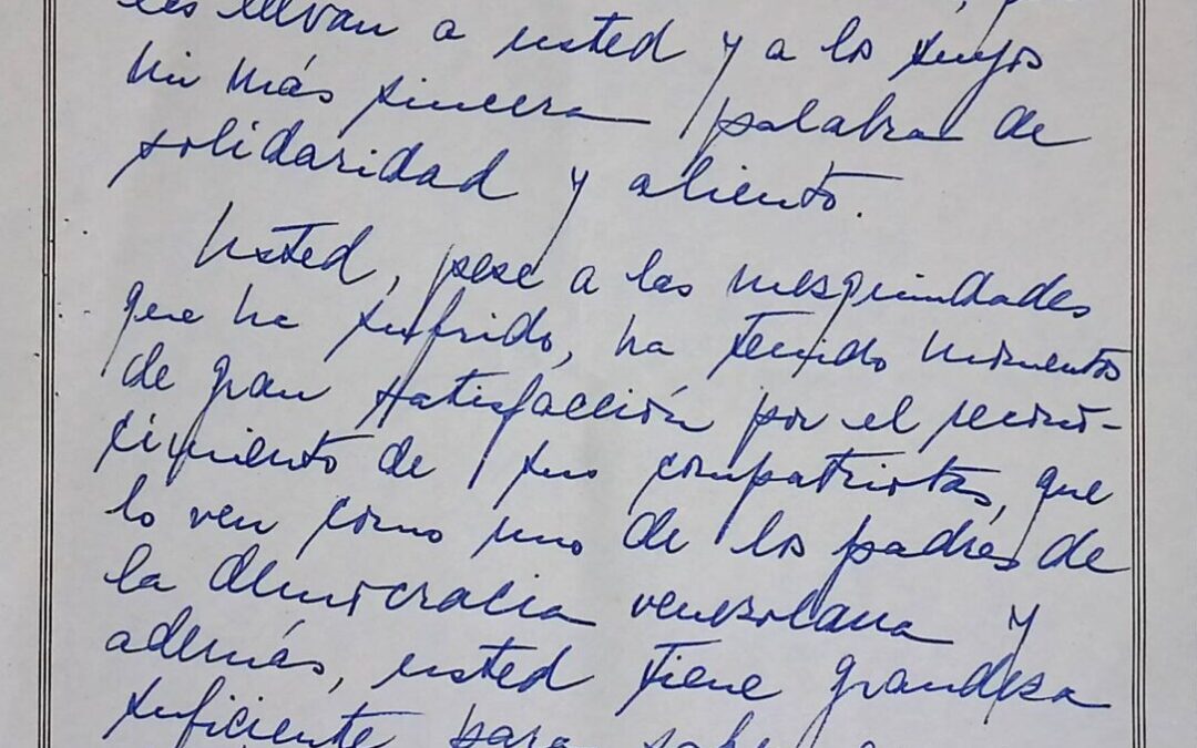 Baldó Casanova, Alfredo – 1987. Noviembre, 23. Nota a mano con motivo del resultado de la elección del Congreso Presidencial Socialcristiano, mostrando su solidaridad con RC