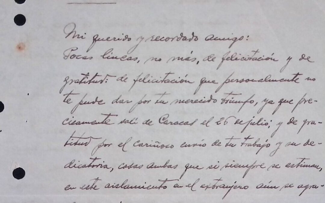 Barnola, Pedro Pablo – 1935. Octubre, 24. Carta desde California, USA, donde se encontraba estudiando, agradeciendo el envío de la biografía escrita por RC sobre Andrés Bello