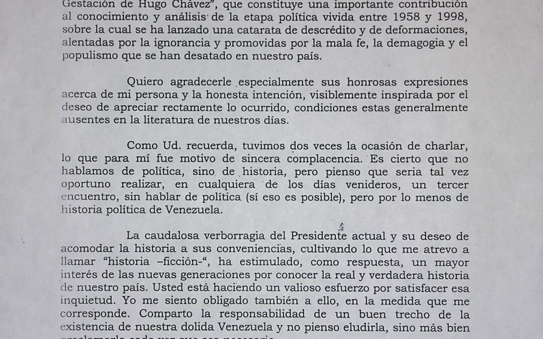 Caballero, Manuel – 2000. Septiembre, 21. Carta de Rafael Caldera refiriéndose a la lectura del libro La gestación de Hugo Chávez, recién publicado