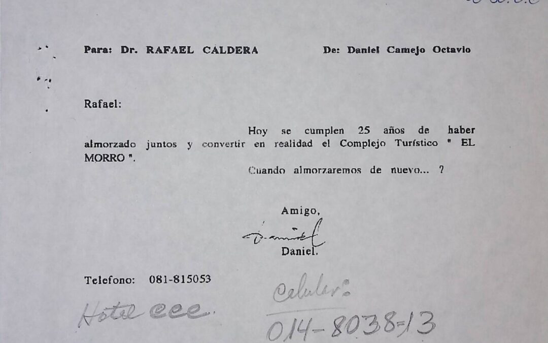 Camejo Octavio, Daniel – 1994. Agosto, 7. Breve mensaje enviado por fax a Miraflores desde el Complejo Turístico El Morro, en Lecherías, Puerto La Cruz