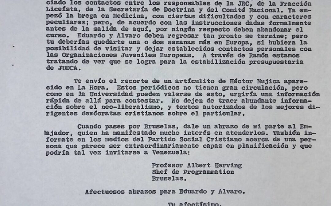 Cardozo, Hilarión – 1962. Septiembre, 12. Como secretario general y líder de la Democracia Cristiana, Rafael Caldera escribe pendiente de la estadía en Alemania de los dirigentes juveniles Hilarión Cardozo, Eduardo Fernández y Álvaro Páez Pumar