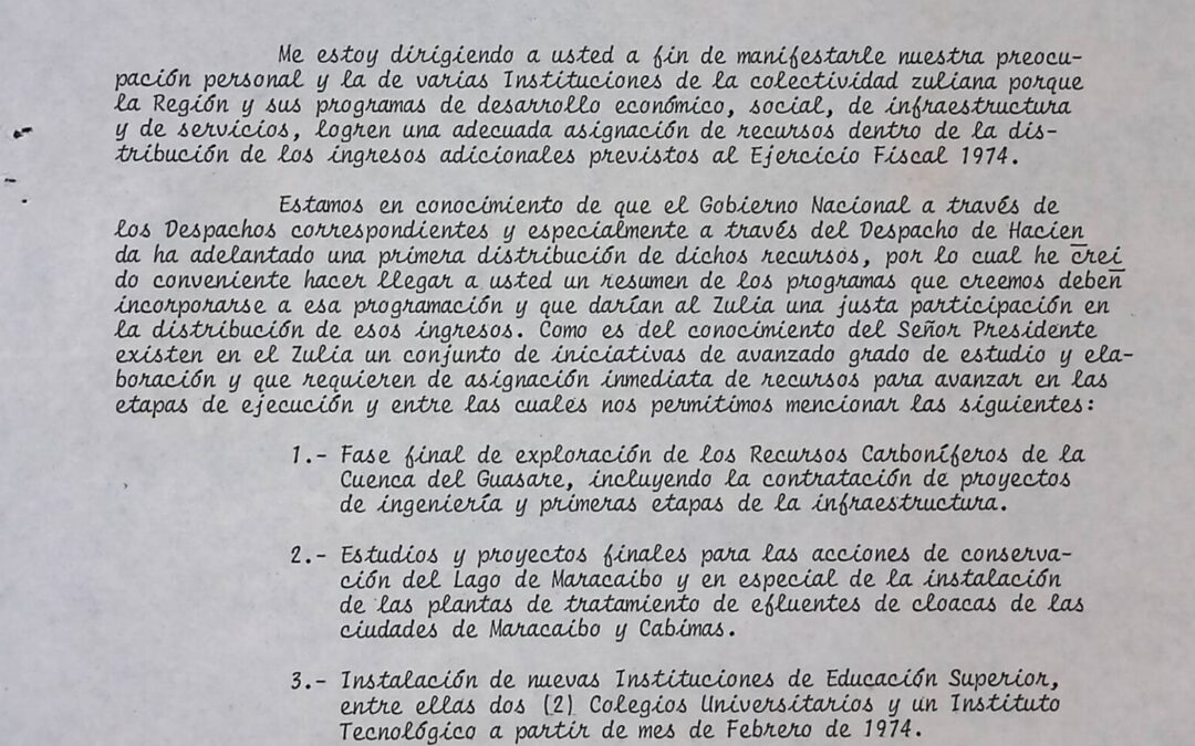 Cardozo, Hilarión – 1973. Diciembre, 3. Finalizando el período de gobierno 1969-74, Cardozo, todavía gobernador, plantea al presidente Caldera la forma en que deben utilizarse en el Zulia los ingresos adicionales producto del alza de los precios del petróleo