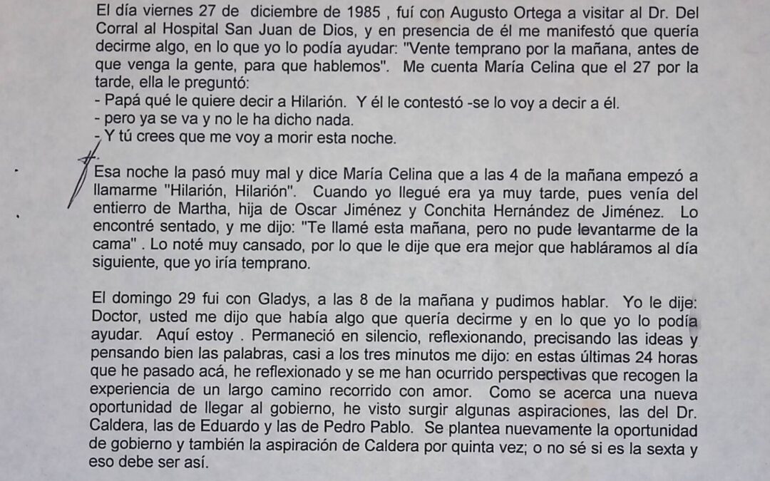 Cardozo, Hilarión – 1985. Diciembre, 29. Notas de memoria tomadas de la última conversación que tuvo con el Dr. Pedro Del Corral, presidente vitalicio de COPEI, en el Hospital San Juan de Dios, en los días finales de su vida