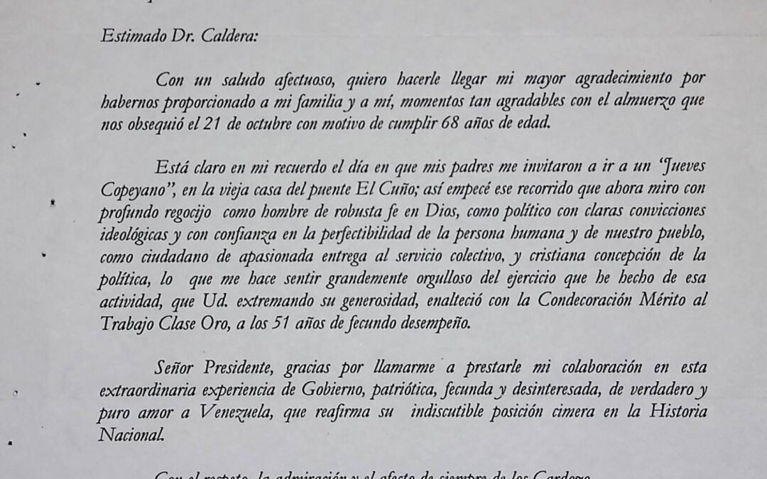 Cardozo, Hilarión – 1998. Octubre, 28.  Agradecimiento a RC por el almuerzo en Miraflores en el que invitó a su familia para celebrar sus 68 años