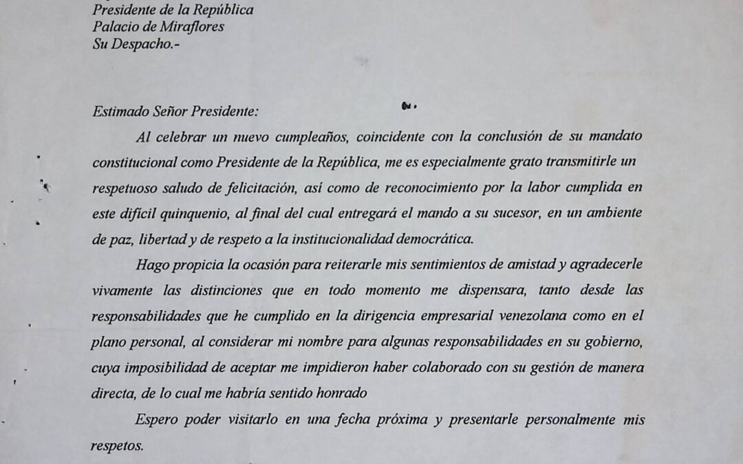 Carmona Estanga, Pedro – 1999. Enero, 29. Carta de Pedro Carmona Estanga a RC al concluir su segundo mandato