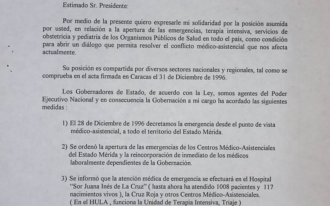 Dávila Barrios, William – 1997. Enero, 5. Posición de respaldo ante la huelga de médicos