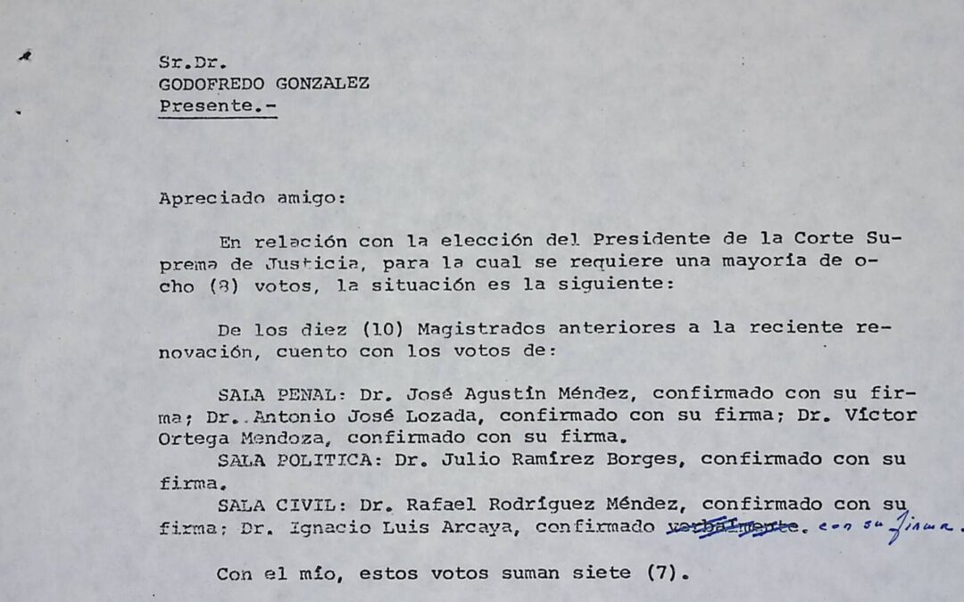 Dávila Aguilera, Nelson – 1979. Junio, 26. Detalle presentado a Godofredo González, presidente en funciones de COPEI, de la votación para presidente de la Corte Suprema de Justicia en la que resultó electo y en ejercicio de cuyas funciones falleció