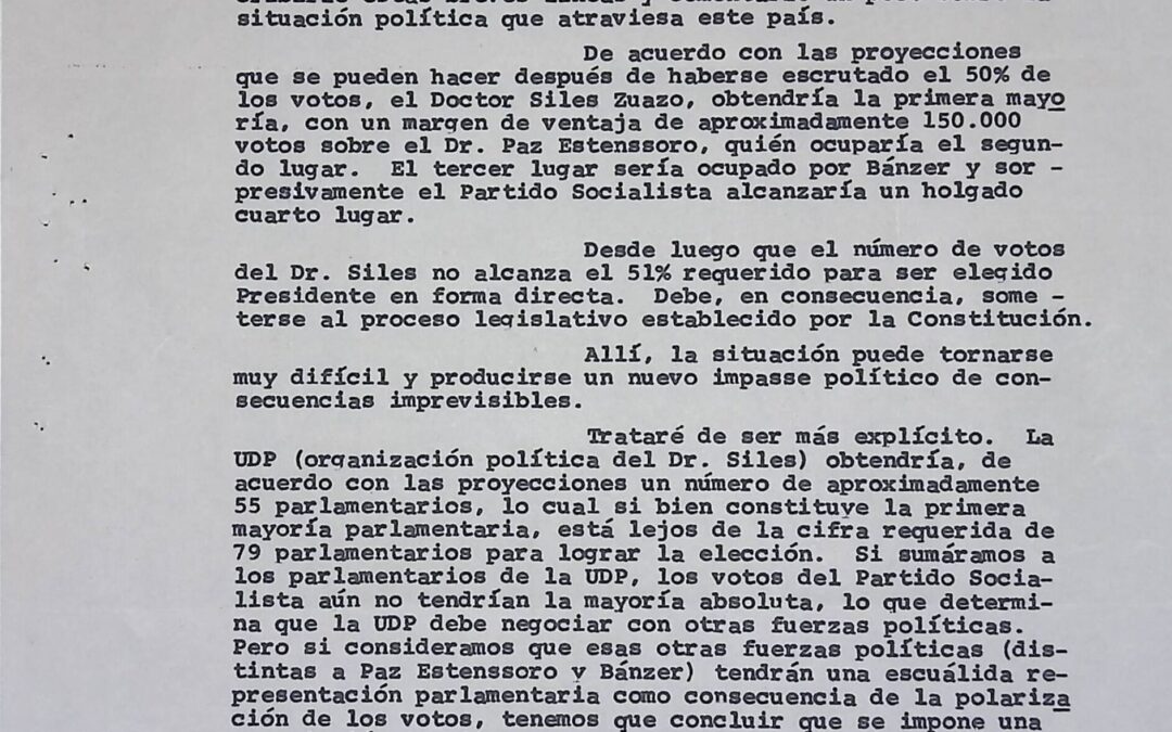 Echeverría, Pedro Luis – 1980. Julio, 2. Interesante recuento sobre el resultado de la elección presidencial, ganada por Hernán Siles Zuazo, y la situación política presentada en Bolivia en ese momento