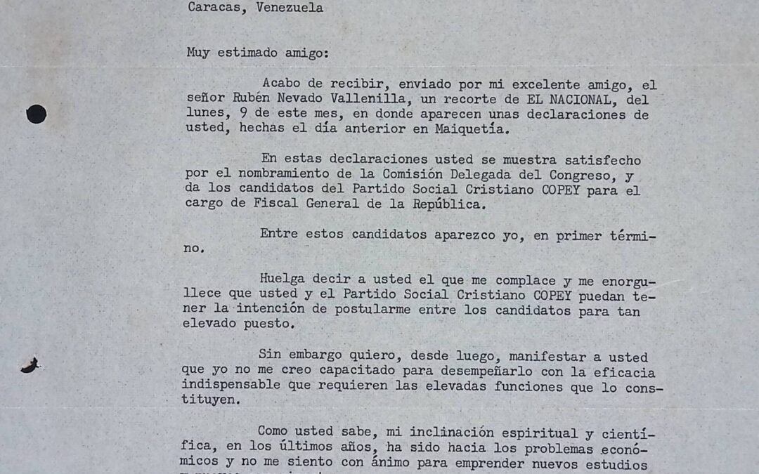 Egaña, Manuel R. – 1962. Julio, 13. Egaña declina la posible propuesta de su nombre para Fiscal General de la República