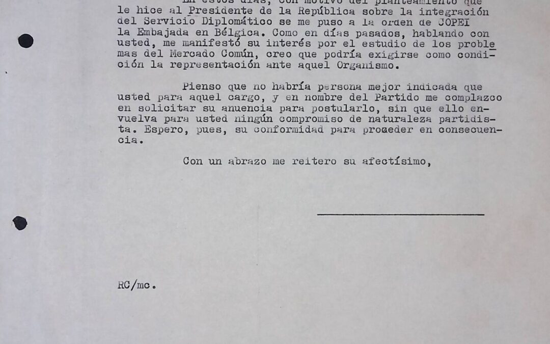 Egaña, Manuel R. – 1963. Octubre, 5. Planteamiento de posible nombramiento como embajador en Bélgica con representación ante el mercado común europeo