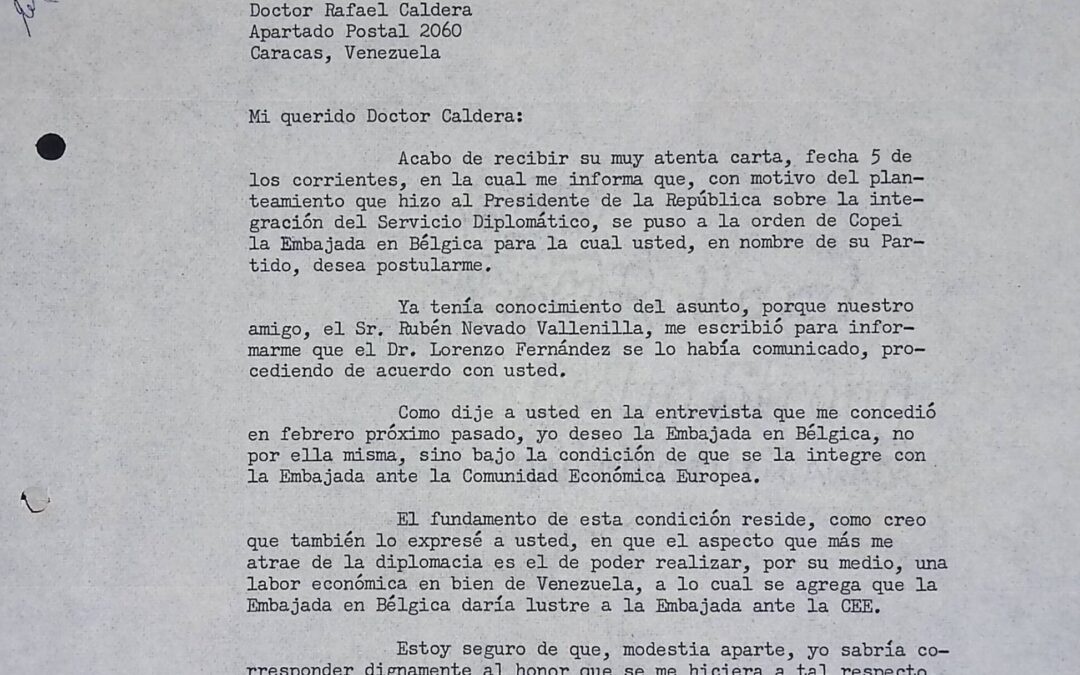 Egaña, Manuel R. – 1963. Octubre, 15. Egaña acepta la embajada en Bélgica con la condición de que se integre a la comunidad económica europea